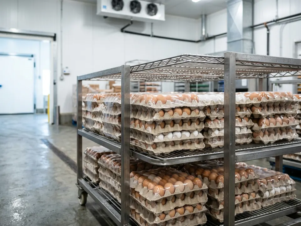 Trays of hatching eggs stacked on a stainless trolley in a cool store