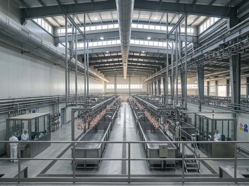 Empty stainless poultry processing hall before a shift