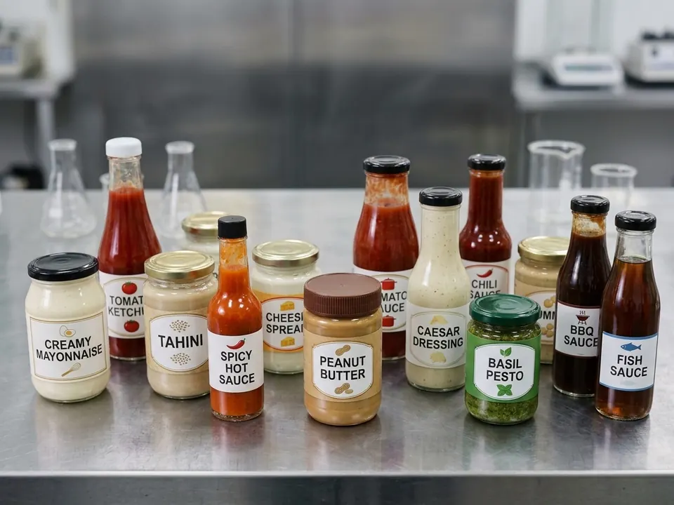Range of finished sauces, dressings and spreads bottled and jarred on a stainless steel bench