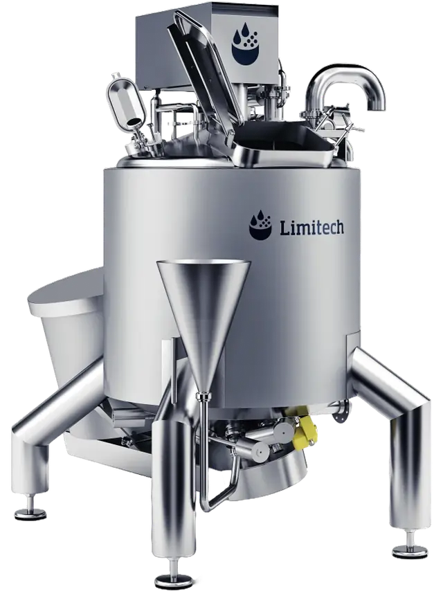 Limitech LiMiX stainless steel batch mixing vessel with hinged lid and powder inlet