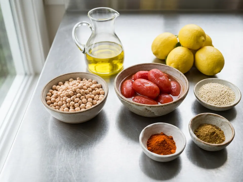 Raw ingredients on a stainless steel bench: dried chickpeas, olive oil, peeled tomatoes, lemons, sesame seeds, paprika and cumin