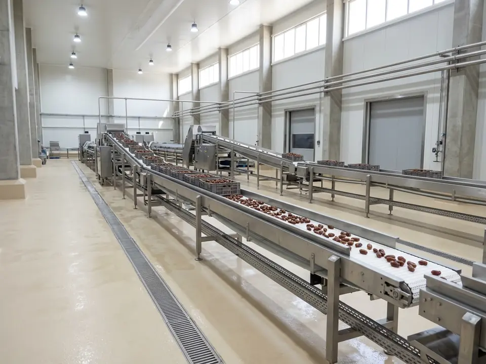 Stainless surfaces and drains in a food plant before cleaning