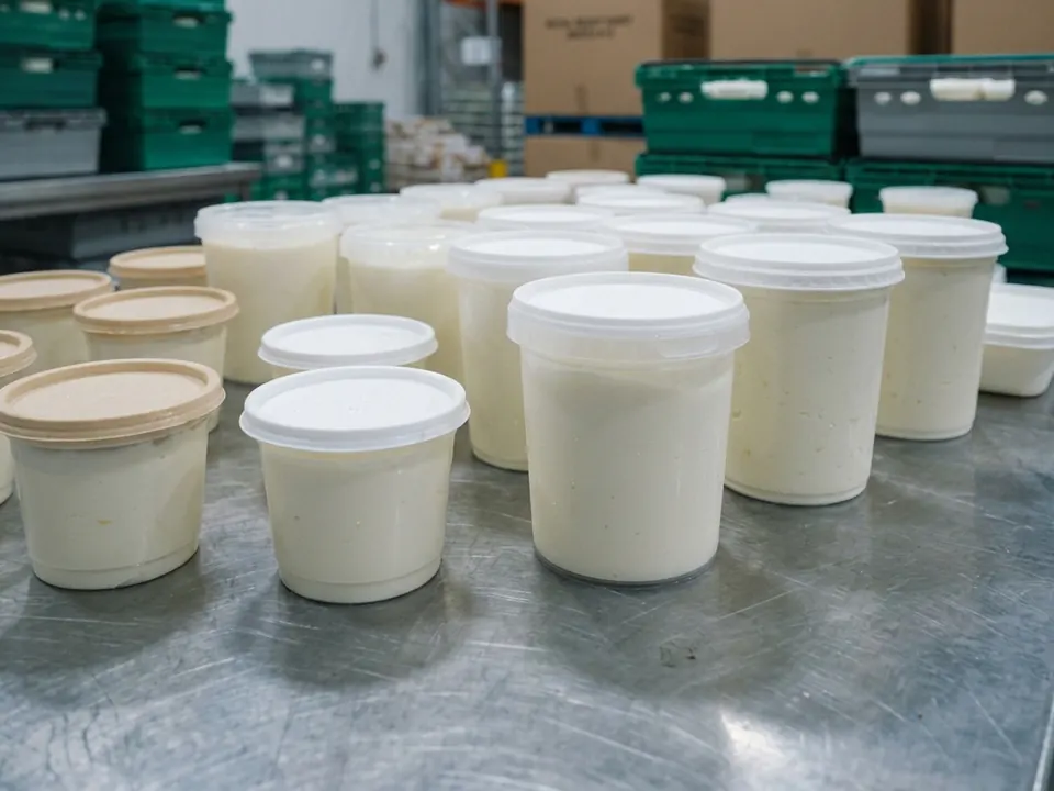 Filled and lidded tubs of dairy product in a dispatch area ready for distribution